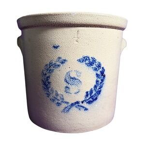 Antique Salt Glazed Stoneware 4 Gallon Crock Blue Cobalt Wreath S Lug Handles